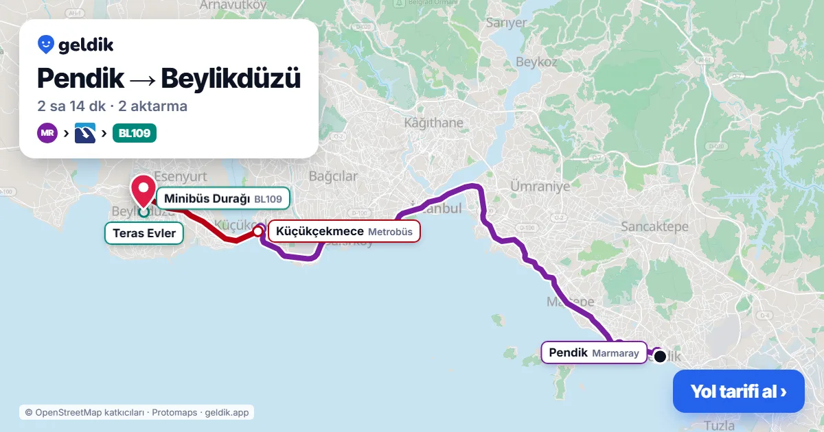 Pendik – Beylikdüzü yol haritası: Marmaray → Metrobüs → BL109 minibüsü ile ~2 sa 14 dk