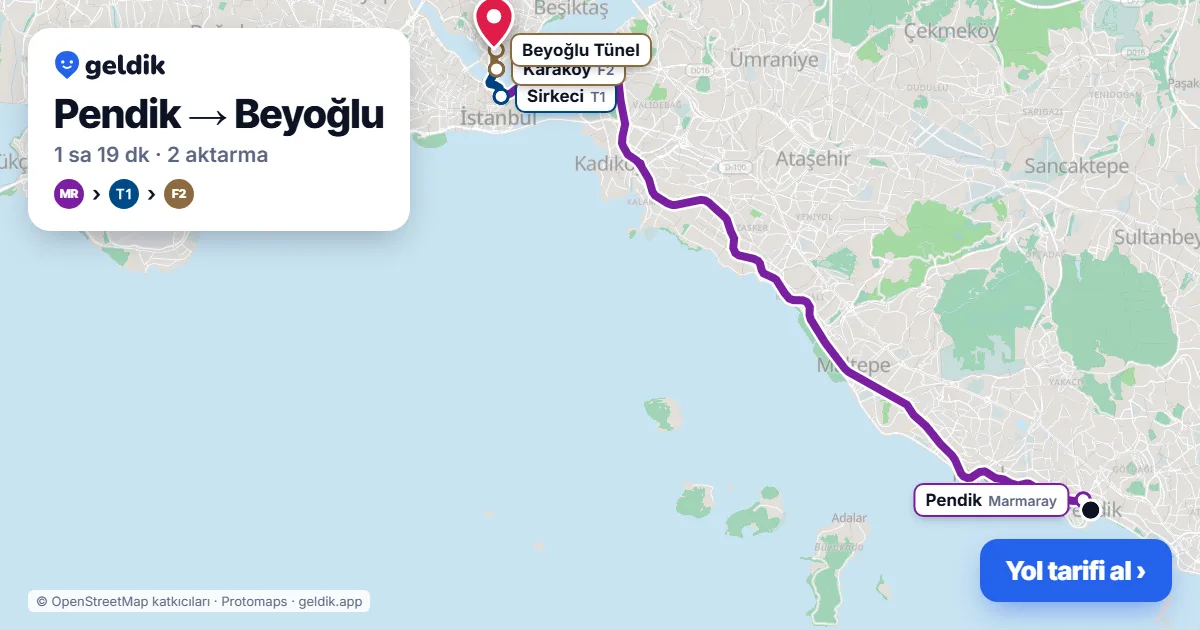 Pendik – Beyoğlu yol haritası: Marmaray → T1 → F2 ile ~1 sa 19 dk