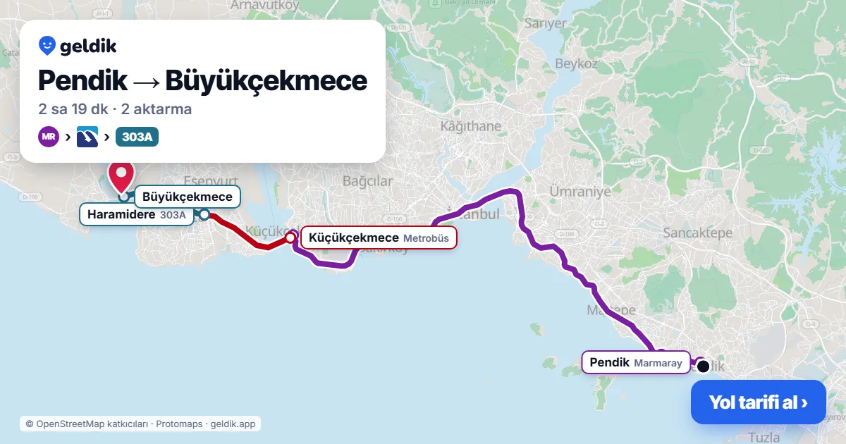 Pendik – Büyükçekmece yol haritası: Marmaray → Metrobüs → 303A otobüsü ile ~2 sa 19 dk