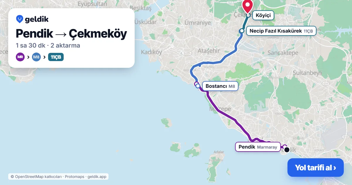 Pendik – Çekmeköy yol haritası: Marmaray → M8 → 11ÇB otobüsü ile ~1 sa 30 dk