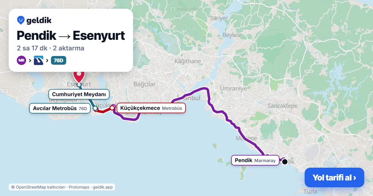 Pendik – Esenyurt yol haritası: Marmaray → Metrobüs → 146 otobüsü ile ~2 sa 17 dk