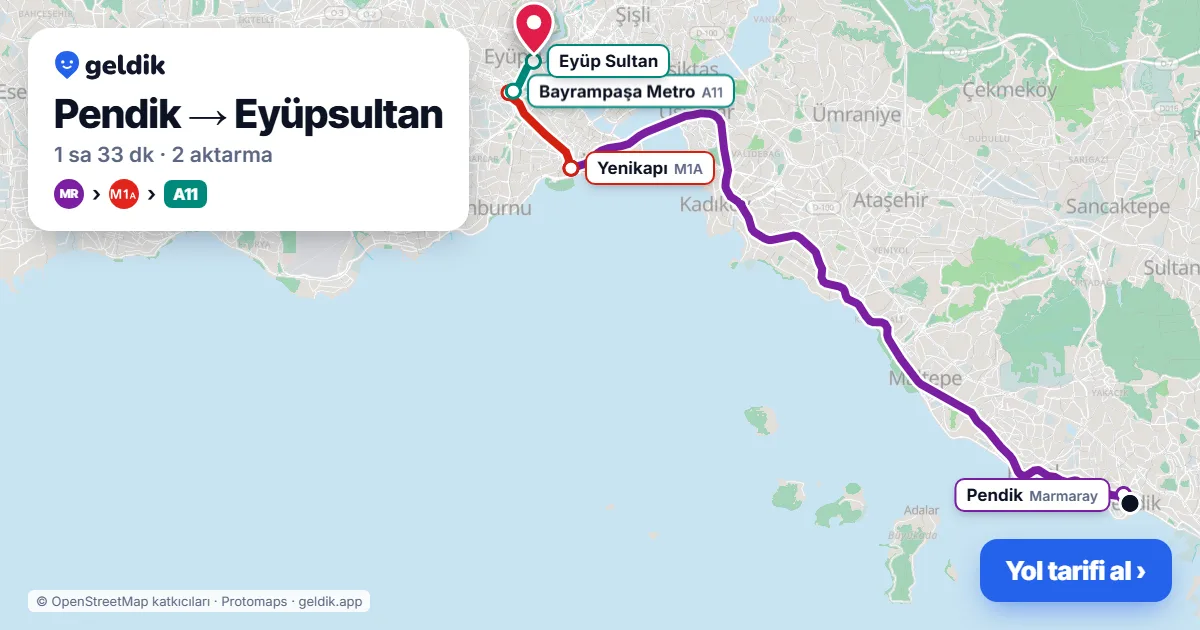 Pendik – Eyüpsultan yol haritası: Marmaray → M1A → 50Y otobüsü ile ~1 sa 32 dk