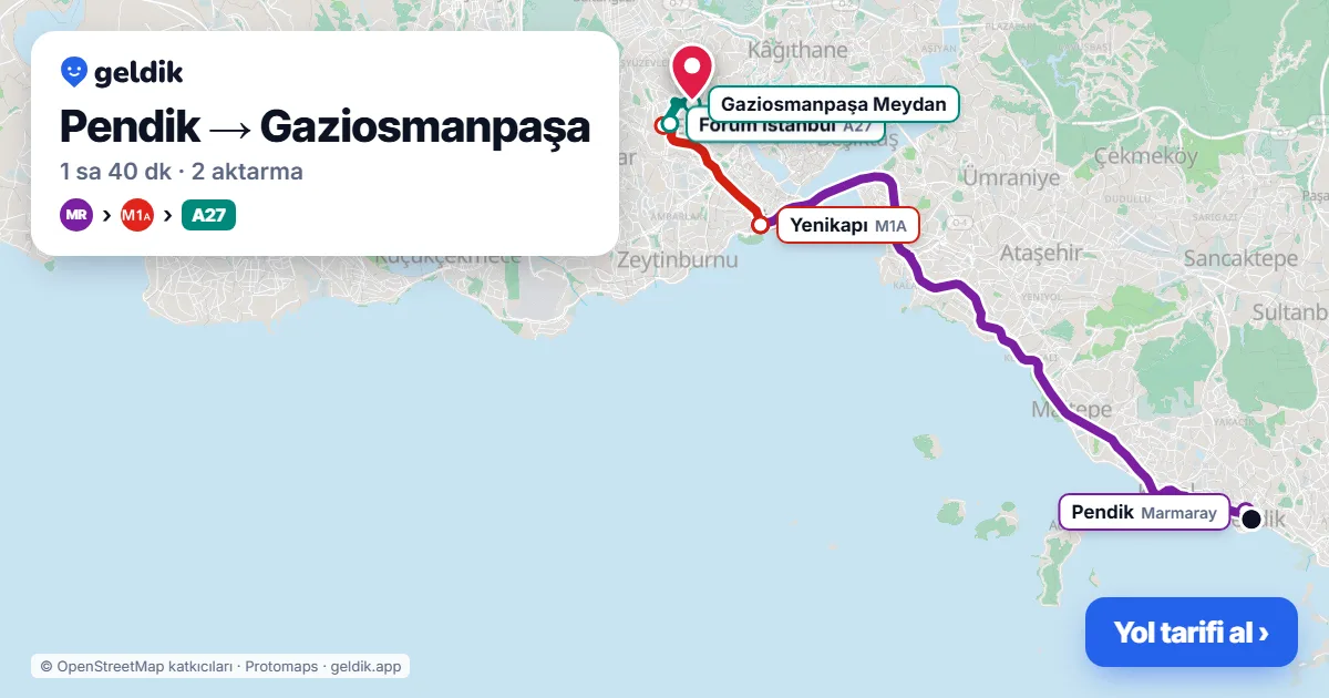 Pendik – Gaziosmanpaşa yol haritası: Marmaray → M1A → A27 minibüsü ile ~1 sa 40 dk