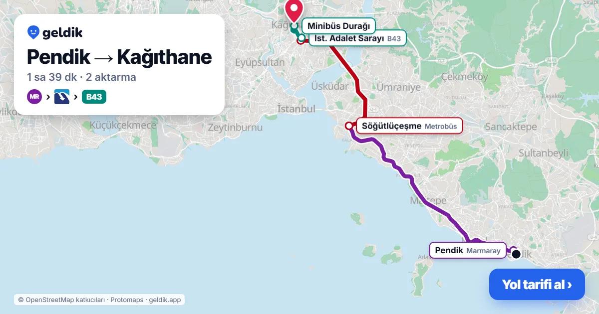 Pendik – Kağıthane yol haritası: Marmaray → Metrobüs → B43 minibüsü ile ~1 sa 39 dk