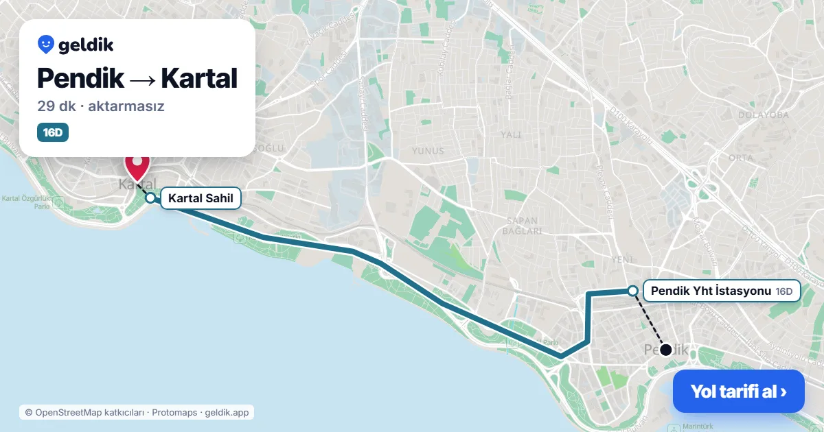 Pendik – Kartal yol haritası: 16D otobüsü ile ~29 dk