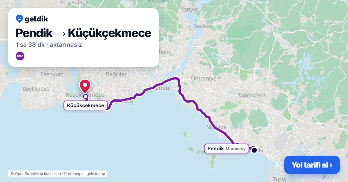 Pendik – Küçükçekmece yol haritası: Marmaray ile ~1 sa 38 dk