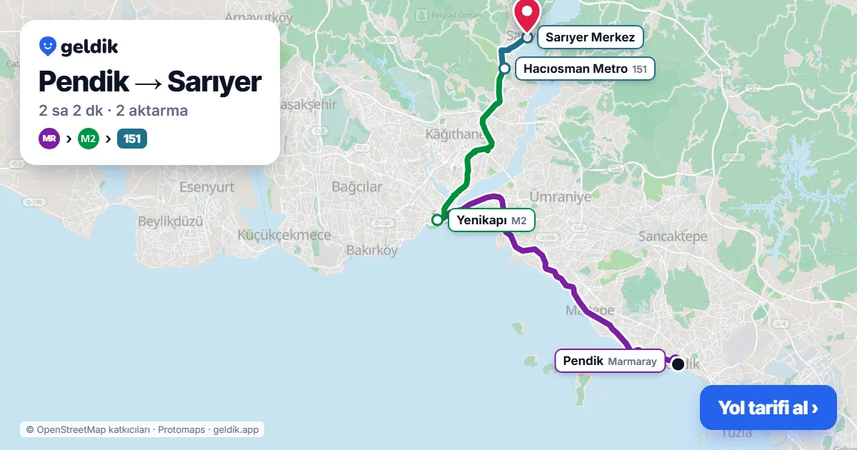 Pendik – Sarıyer yol haritası: Marmaray → M2 → 151 otobüsü ile ~2 sa 2 dk