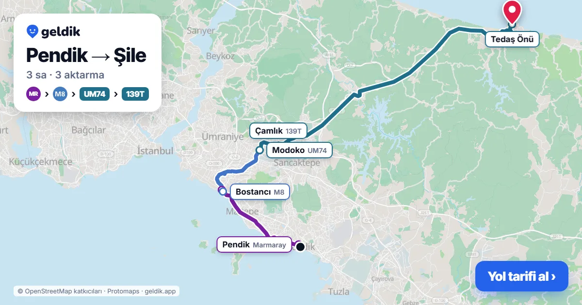 Pendik – Şile yol haritası: Marmaray → M8 → UM74 otobüsü → 139T otobüsü ile ~3 sa