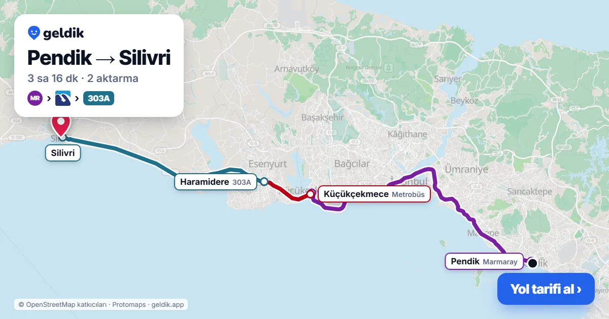Pendik – Silivri yol haritası: Marmaray → Metrobüs → 303A otobüsü ile ~3 sa 16 dk