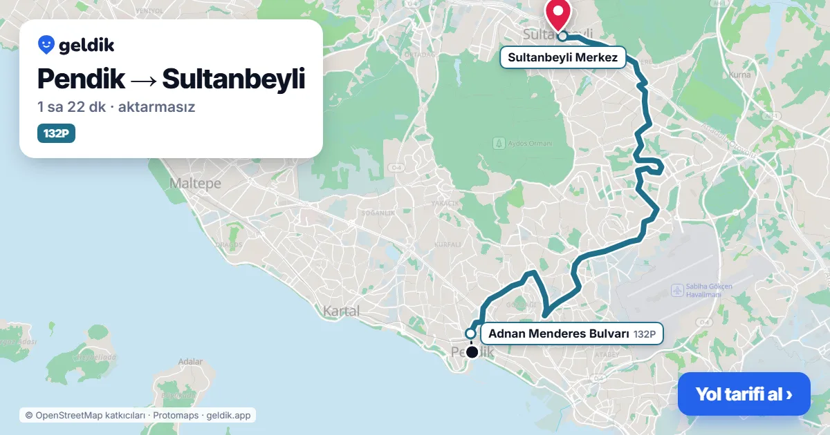 Pendik – Sultanbeyli yol haritası: 132P otobüsü ile ~1 sa 22 dk