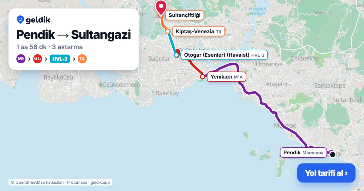 Pendik – Sultangazi yol haritası: Marmaray → M1A → Havaist HVL-3 otobüsü → T4 ile ~1 sa 56 dk