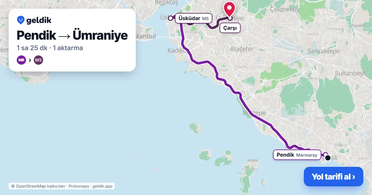 Pendik – Ümraniye yol haritası: Marmaray → M5 ile ~1 sa 25 dk