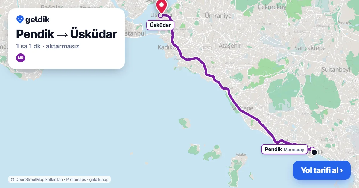 Pendik – Üsküdar yol haritası: Marmaray ile ~1 sa 1 dk