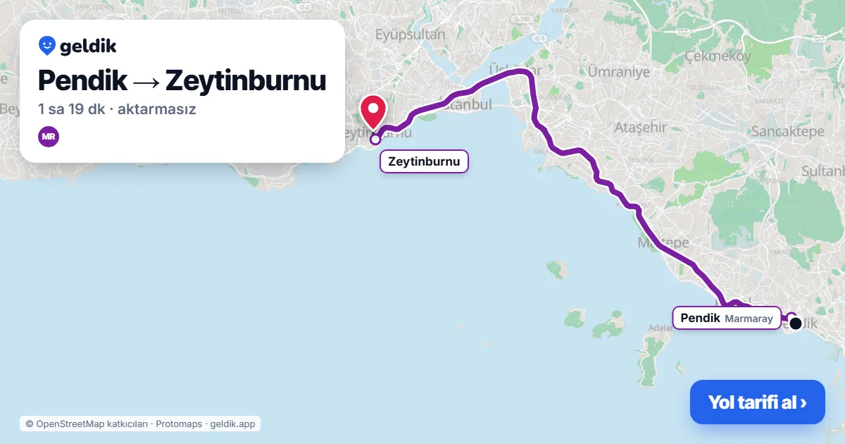 Pendik – Zeytinburnu yol haritası: Marmaray ile ~1 sa 19 dk