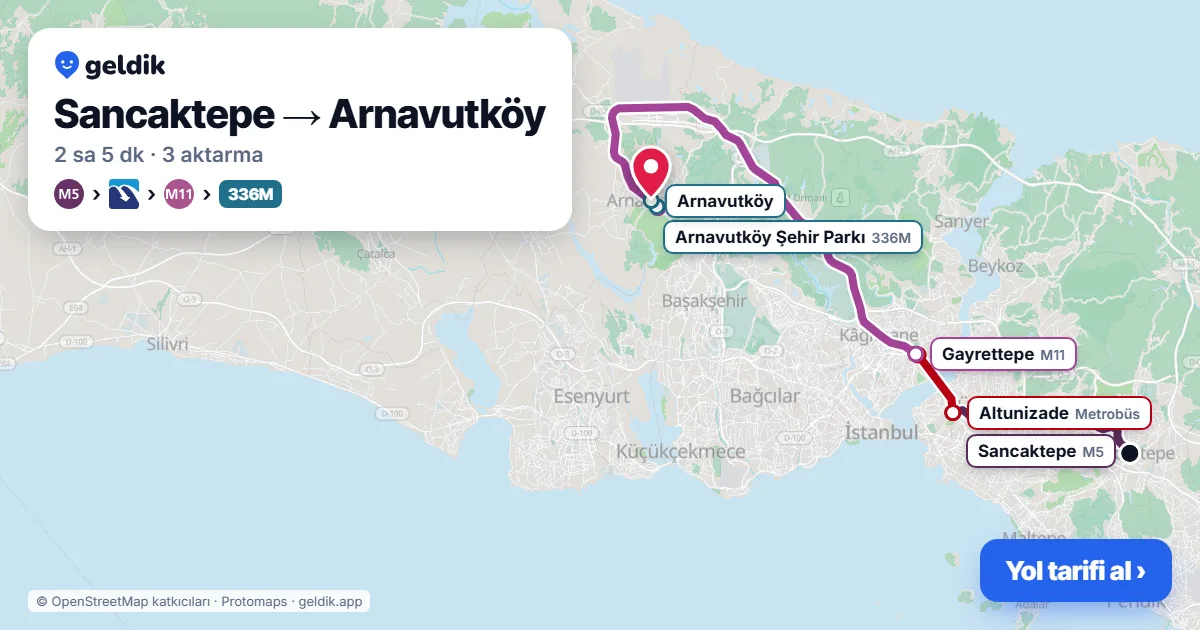 Sancaktepe – Arnavutköy yol haritası: M5 → Metrobüs → M11 → 36AY otobüsü ile ~2 sa 5 dk