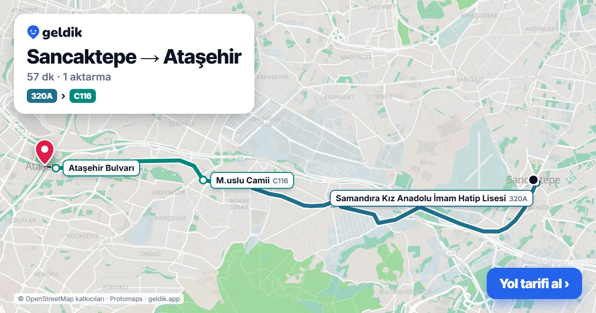 Sancaktepe – Ataşehir yol haritası: 320A otobüsü → C116 minibüsü ile ~58 dk