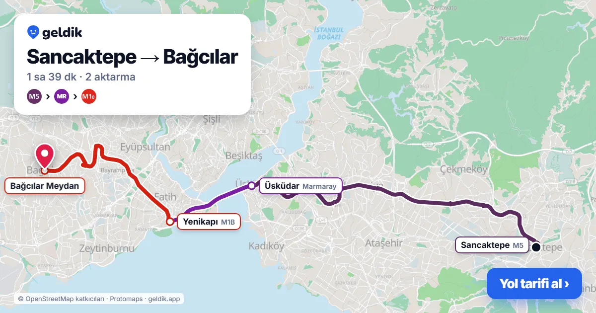 Sancaktepe – Bağcılar yol haritası: M5 → Marmaray → M1B ile ~1 sa 39 dk