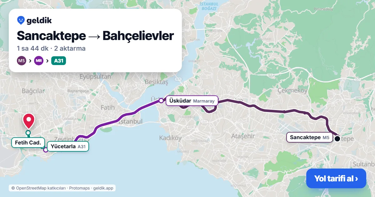 Sancaktepe – Bahçelievler yol haritası: M5 → Marmaray → A31 minibüsü ile ~1 sa 44 dk