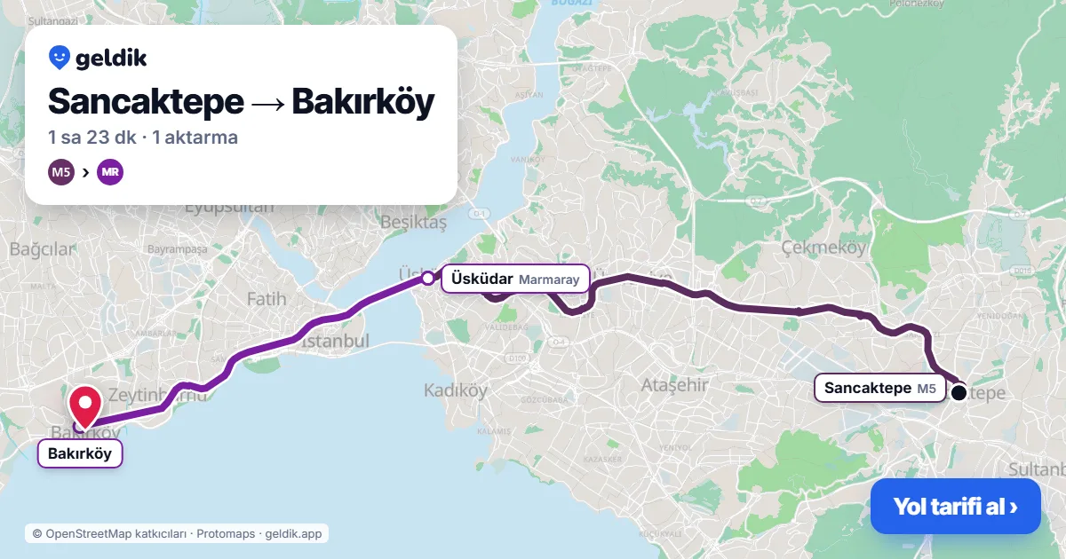 Sancaktepe – Bakırköy yol haritası: M5 → Marmaray ile ~1 sa 23 dk