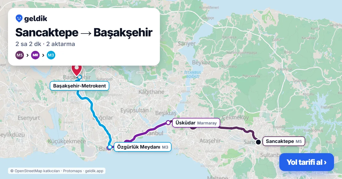 Sancaktepe – Başakşehir yol haritası: M5 → Marmaray → M3 ile ~2 sa 2 dk