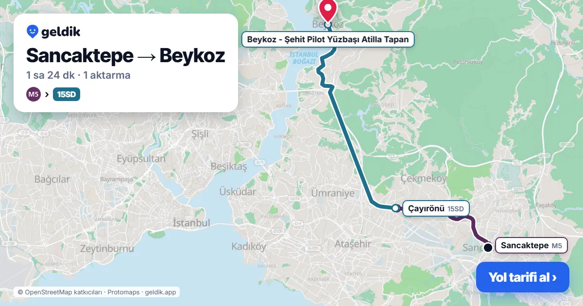 Sancaktepe – Beykoz yol haritası: M5 → 15SD otobüsü ile ~1 sa 27 dk