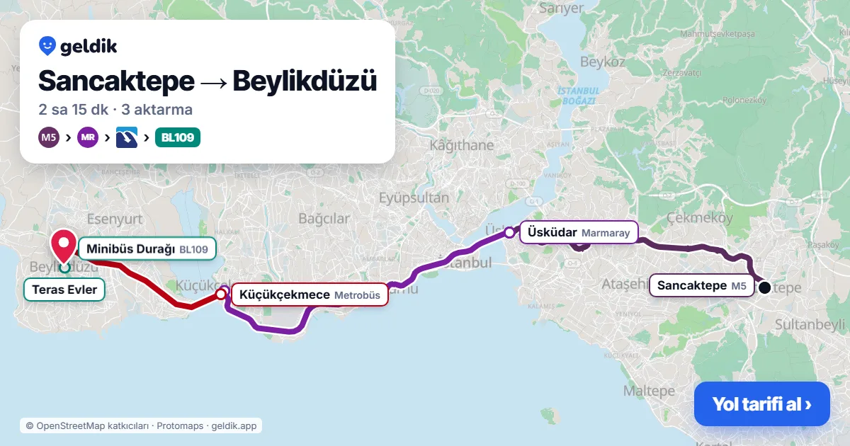 Sancaktepe – Beylikdüzü yol haritası: M5 → Marmaray → Metrobüs → BL109 minibüsü ile ~2 sa 15 dk