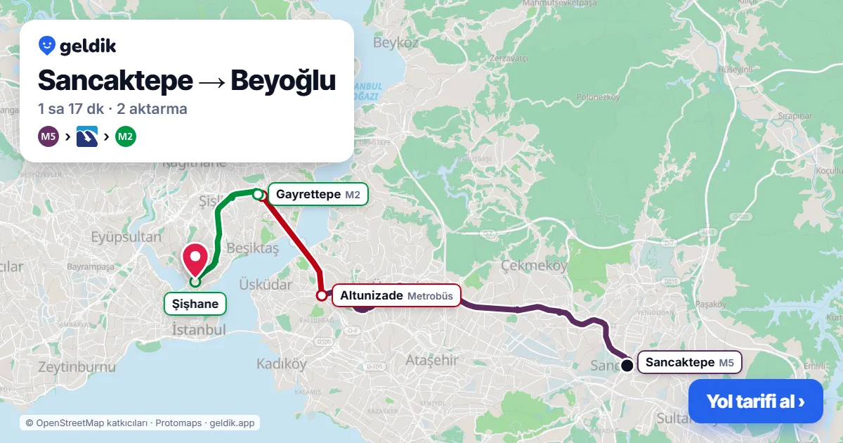 Sancaktepe – Beyoğlu yol haritası: M5 → Metrobüs → M2 ile ~1 sa 17 dk