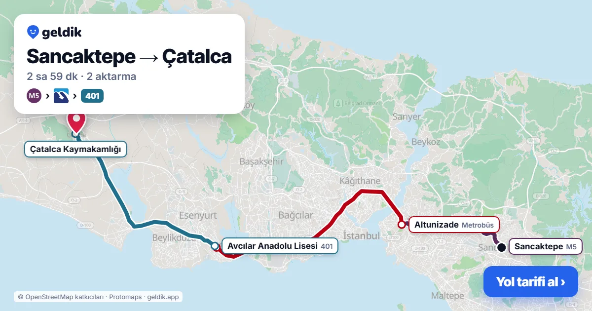 Sancaktepe – Çatalca yol haritası: M5 → Metrobüs → 401 otobüsü ile ~2 sa 59 dk