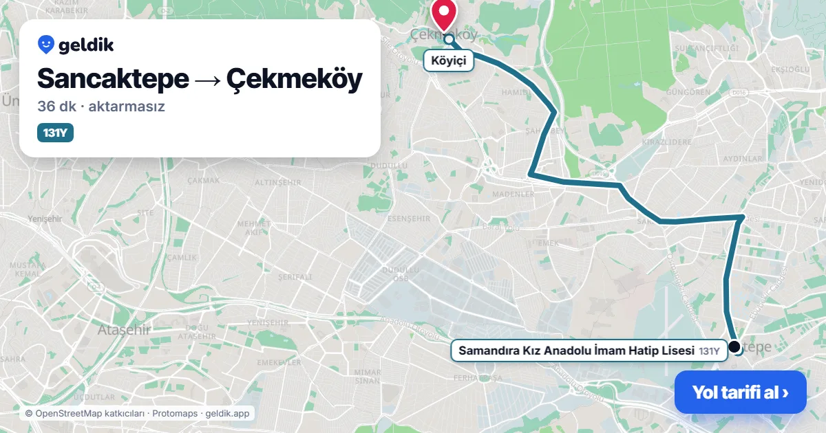 Sancaktepe – Çekmeköy yol haritası: 131Y otobüsü ile ~36 dk