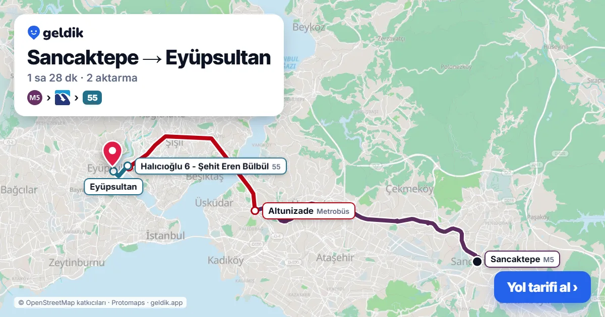 Sancaktepe – Eyüpsultan yol haritası: M5 → Metrobüs → 55 otobüsü ile ~1 sa 28 dk