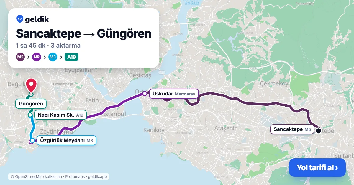 Sancaktepe – Güngören yol haritası: M5 → Marmaray → M3 → A19 minibüsü ile ~1 sa 45 dk