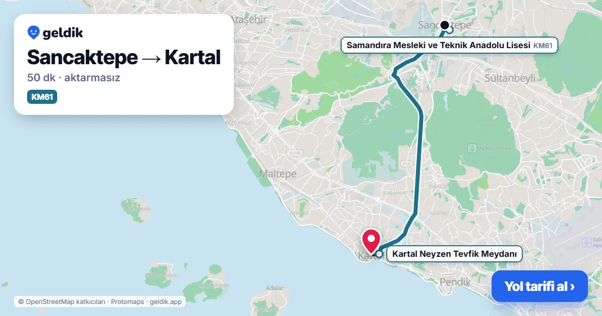 Sancaktepe – Kartal yol haritası: KM61 otobüsü ile ~50 dk