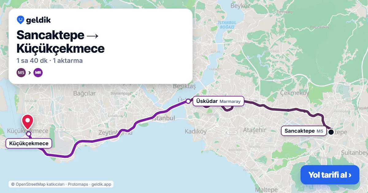 Sancaktepe – Küçükçekmece yol haritası: M5 → Marmaray ile ~1 sa 40 dk