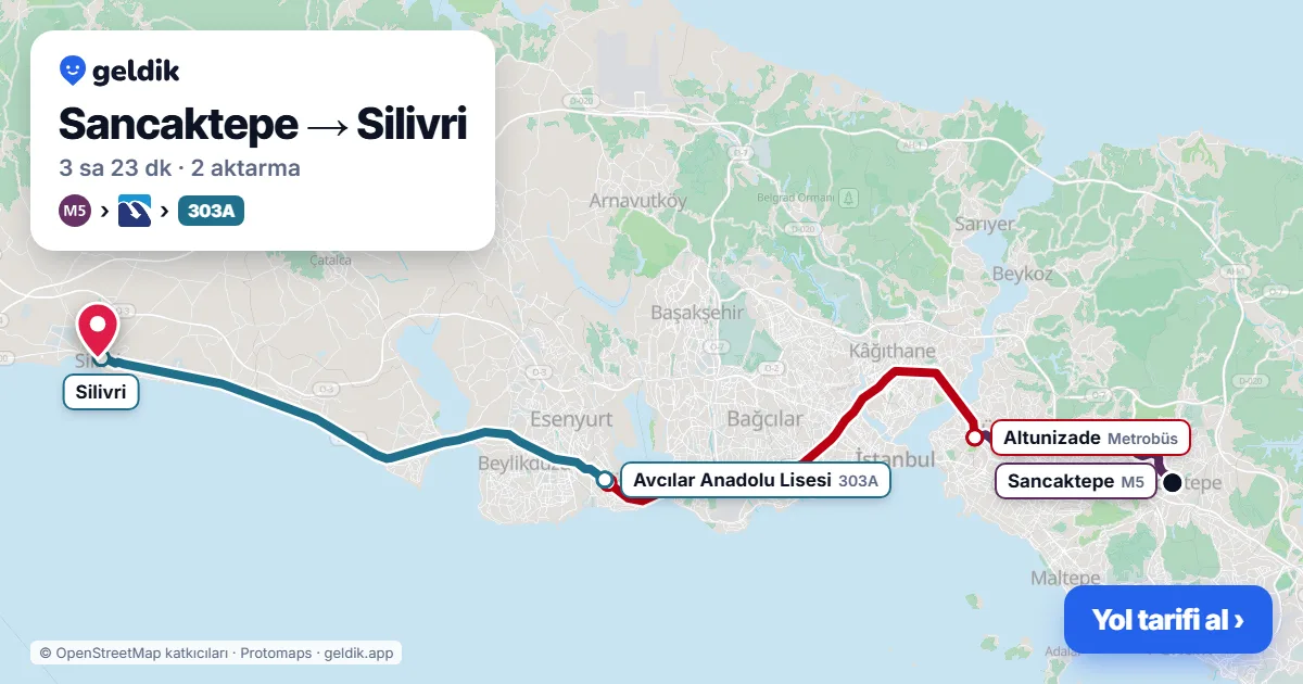 Sancaktepe – Silivri yol haritası: M5 → Metrobüs → 303A otobüsü ile ~3 sa 23 dk