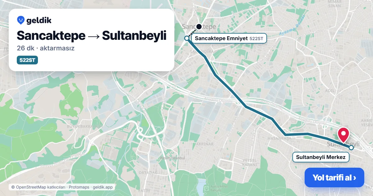 Sancaktepe – Sultanbeyli yol haritası: 522ST otobüsü ile ~26 dk