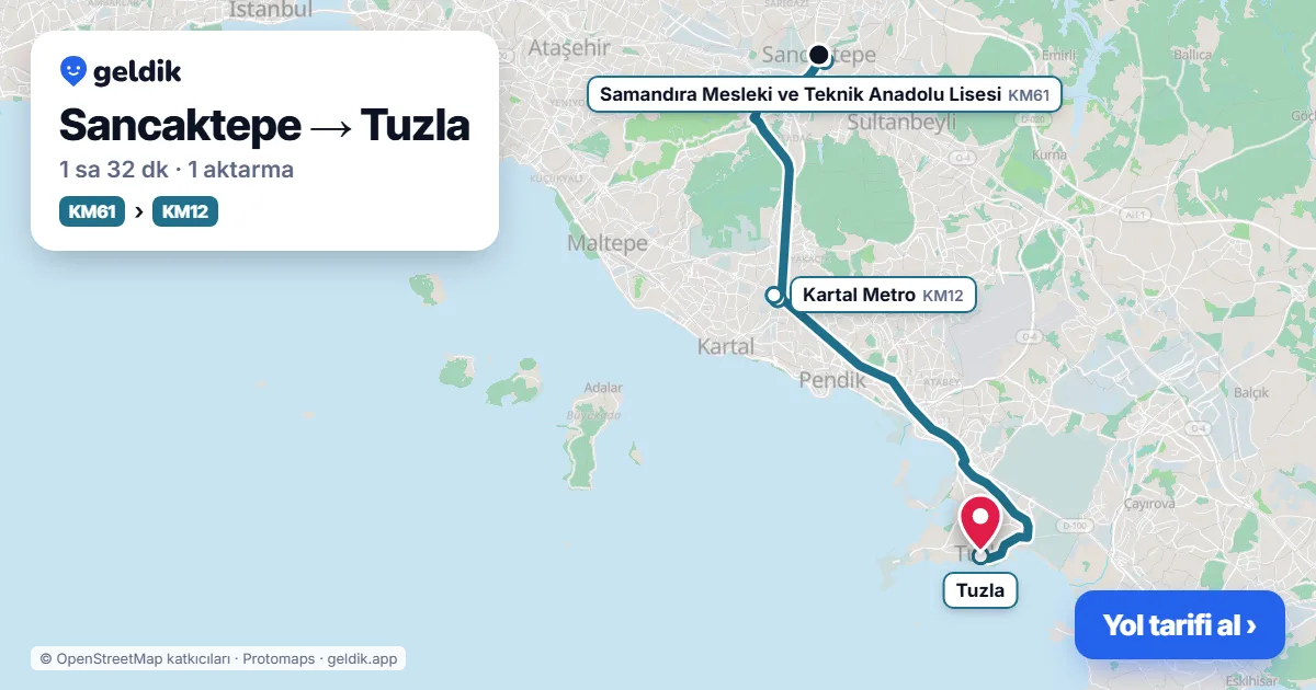 Sancaktepe – Tuzla yol haritası: KM61 otobüsü → KM12 otobüsü ile ~1 sa 33 dk