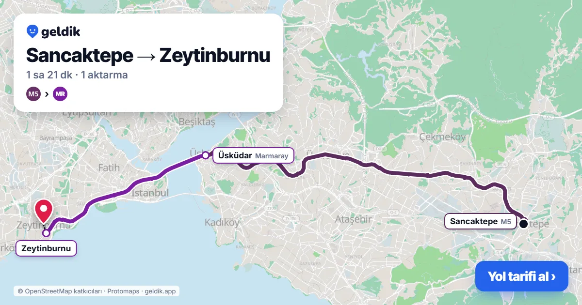 Sancaktepe – Zeytinburnu yol haritası: M5 → Marmaray ile ~1 sa 21 dk