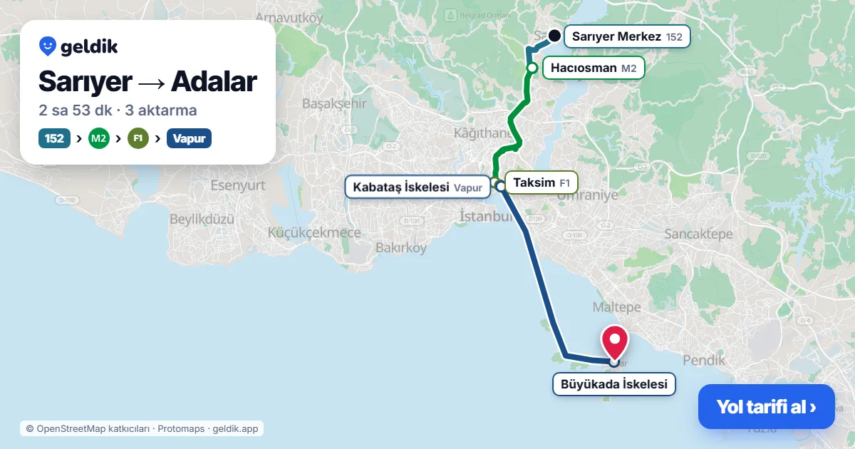 Sarıyer – Adalar yol haritası: 152 otobüsü → M2 → F1 → vapur ile ~2 sa 53 dk