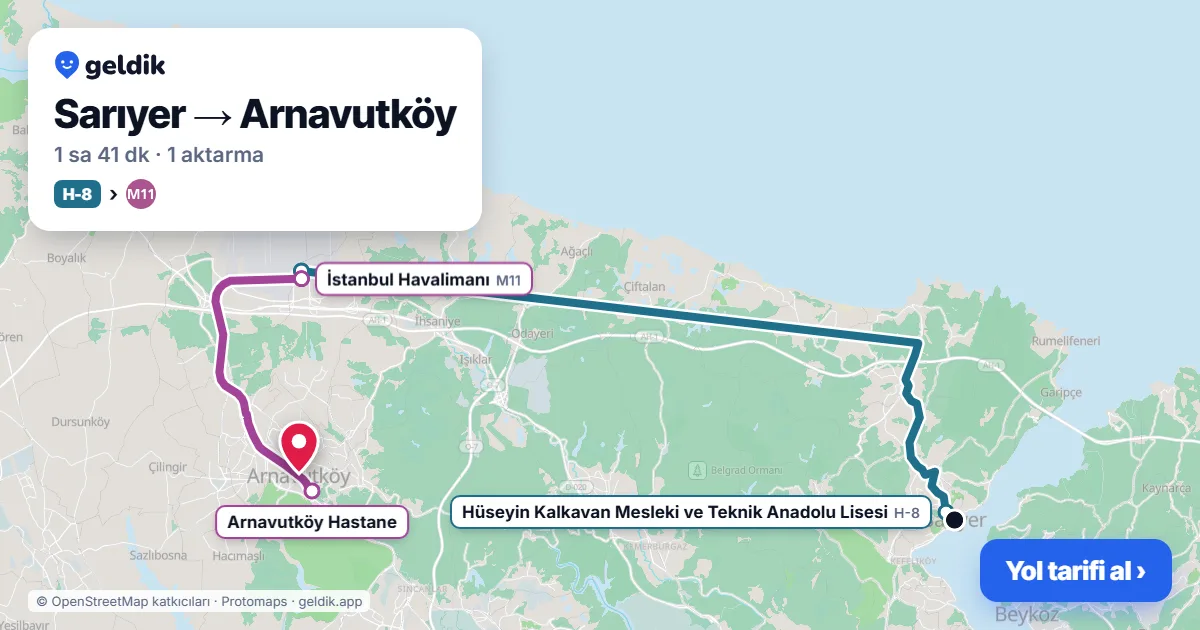Sarıyer – Arnavutköy yol haritası: H-8 otobüsü → M11 → MK22 otobüsü ile ~1 sa 35 dk