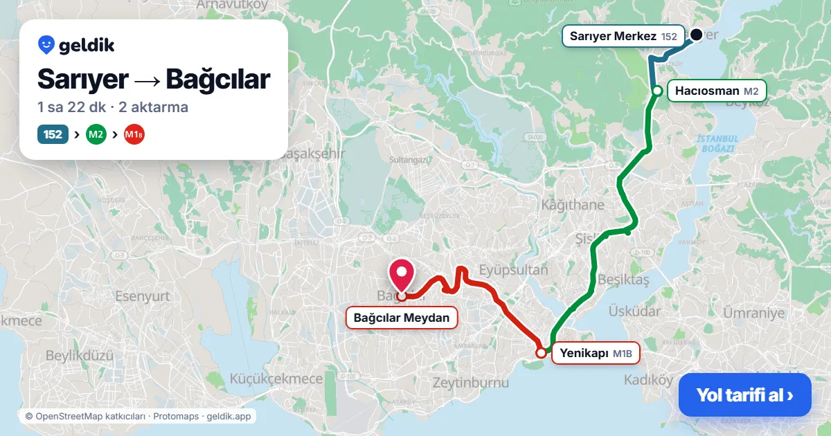 Sarıyer – Bağcılar yol haritası: 152 otobüsü → M2 → M1B ile ~1 sa 22 dk