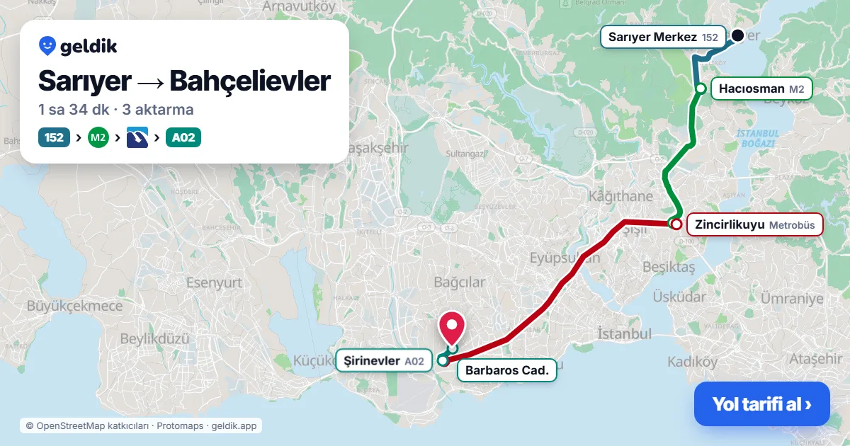 Sarıyer – Bahçelievler yol haritası: 152 otobüsü → M2 → Metrobüs → A02 minibüsü ile ~1 sa 34 dk