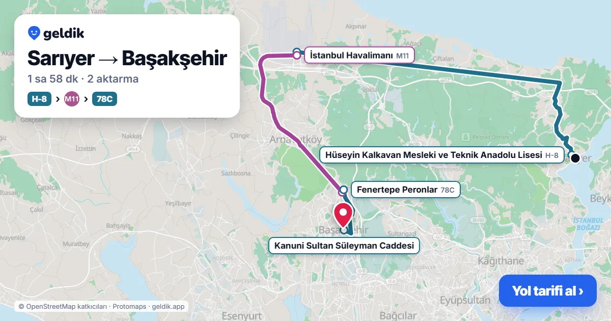 Sarıyer – Başakşehir yol haritası: H-8 otobüsü → M11 → 78C otobüsü ile ~1 sa 57 dk