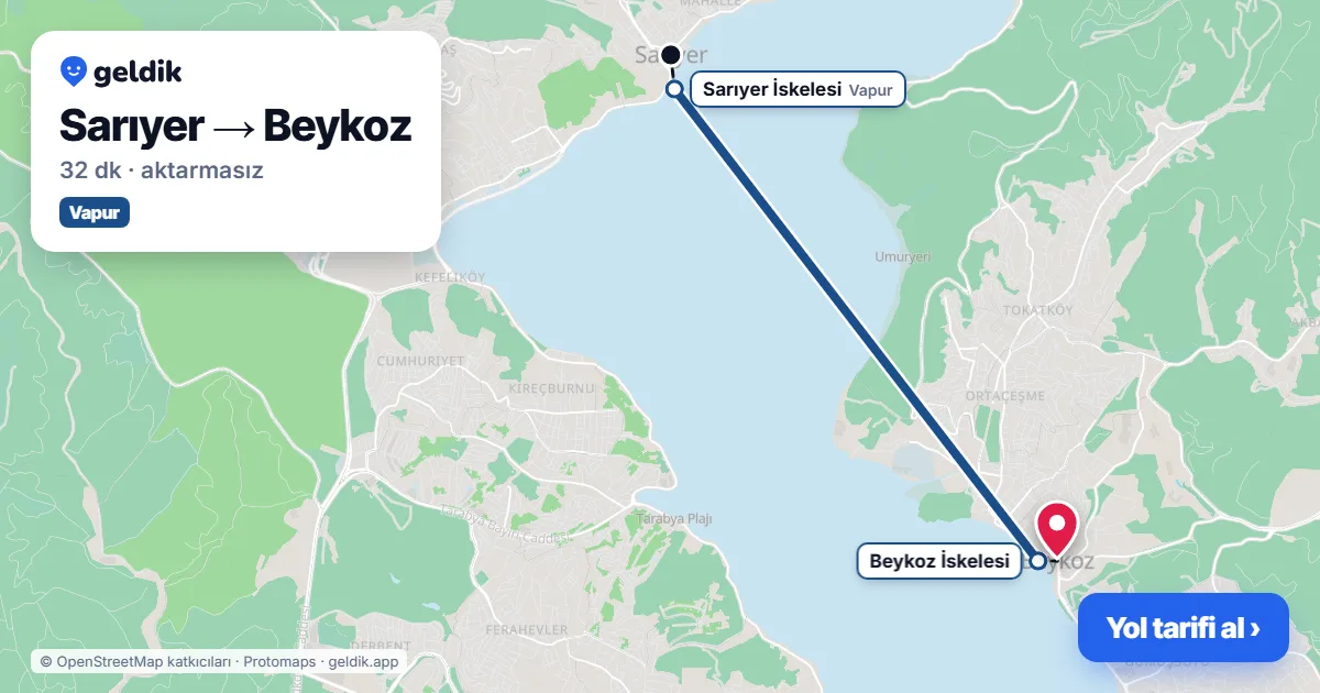 Sarıyer – Beykoz yol haritası: vapur ile ~32 dk
