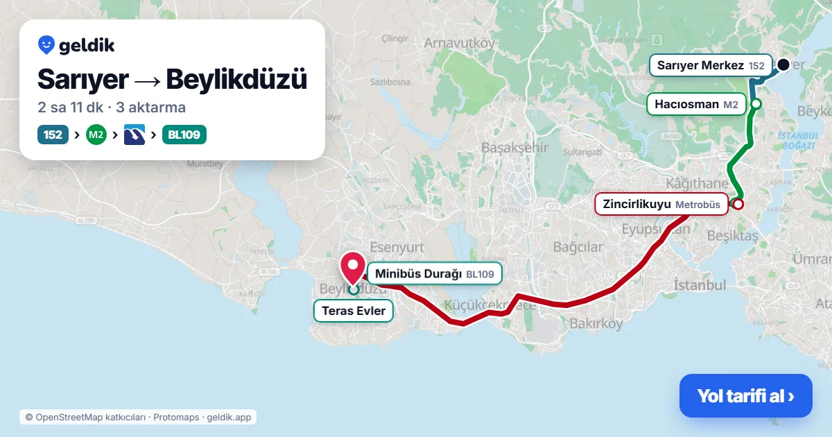 Sarıyer – Beylikdüzü yol haritası: 152 otobüsü → M2 → Metrobüs → BL109 minibüsü ile ~2 sa 11 dk