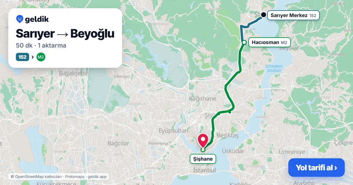 Sarıyer – Beyoğlu yol haritası: 152 otobüsü → M2 ile ~50 dk