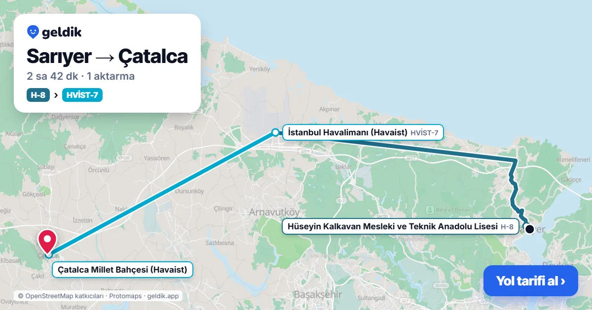 Sarıyer – Çatalca yol haritası: H-8 otobüsü → Havaist HVİST-7 otobüsü ile ~2 sa 42 dk