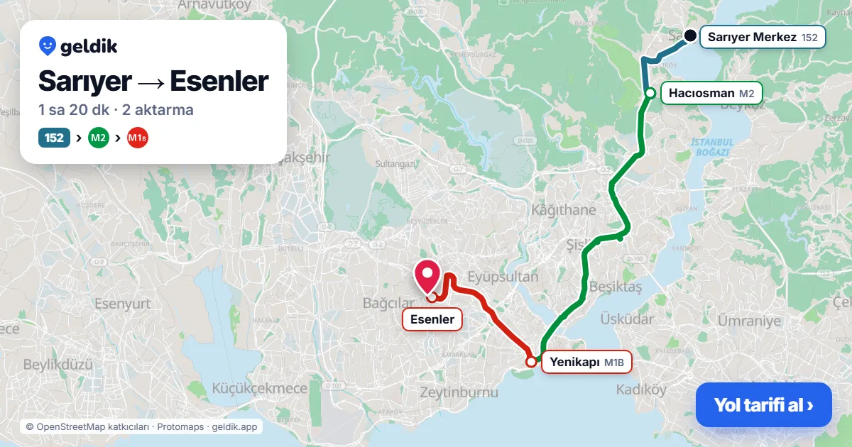 Sarıyer – Esenler yol haritası: 152 otobüsü → M2 → M1B ile ~1 sa 20 dk
