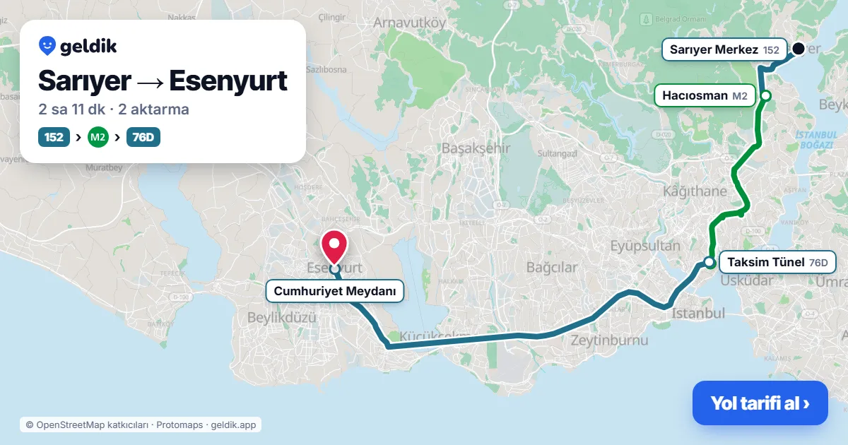 Sarıyer – Esenyurt yol haritası: 152 otobüsü → M2 → 76D otobüsü ile ~2 sa 11 dk