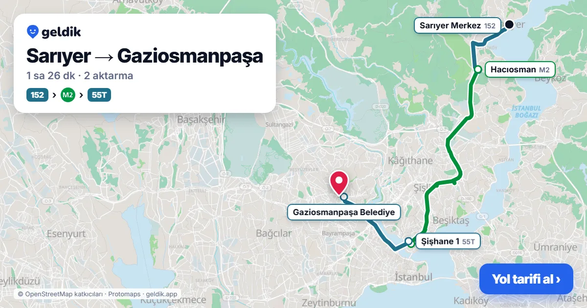 Sarıyer – Gaziosmanpaşa yol haritası: 152 otobüsü → M2 → 55T otobüsü ile ~1 sa 26 dk