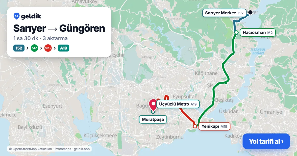 Sarıyer – Güngören yol haritası: 152 otobüsü → M2 → M1B → A19 minibüsü ile ~1 sa 30 dk